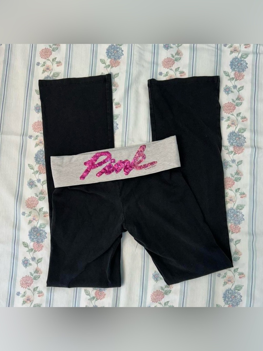 Black Flare Yoga Pants w Pink Sequin Foldover Logo by Victoria’s Secret PINK